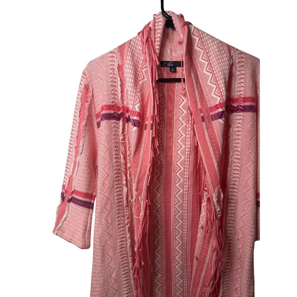 C.‎ Luce Womens Large Pink Aztec Print 3/4 Sleeves Fringe Trim Sweater Cardigan